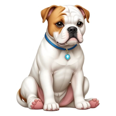 cinematic-[american bulldog]-realistic-full-body-sitting-emoji,-tail-resting-loosely-beside-its-paws,-head-tilted-dramatically,-sleek-[solid white]-fur,-simplified-yet-realistic-focused-features,-highly-detailed,-glowing-with-an-almost-sarcastic-glow sticker