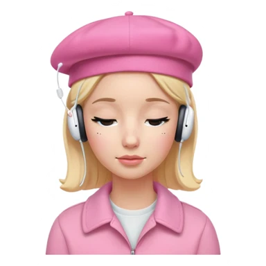 blonde American girl wearing a pink beret and AirPods Max headphones, listening to music with closed eyes sticker