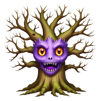 An ancient, psychic tree evolves by absorbing the essence of fallen autumn spirits, sprouting a radiant, maple-crowned face that channels both forest wisdom and fiery seasonal magic through its gnarled. Purple eyes, sharp teeth sticker