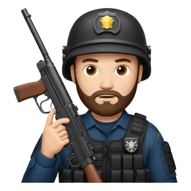 SWAT member with white skin and brown beard and gun sticker