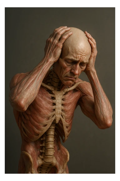 CORPO UMANO ANATOMICO con spina dorsale in evidenza, molto stanca e stressata mentre si tiene le mani sulla testa, IPERREALISTICO 4K sticker