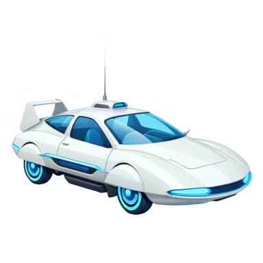 Futuristic retro hover white car with angular design and glowing blue wheels, flat vector style, minimal color palette with blue highlights sticker