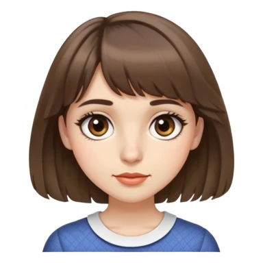 A girl with short brown wavy hair, layered bangs on the sides, my eyebrows are straight, my eyes are a little drawn out and a little big, my eyelashes are a little long, my eyes are brown, my nose is normal and my mouth is normal. I want her to wear a short skirt.  sticker