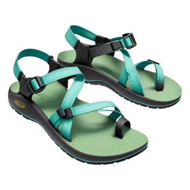 Chaco sandal with toe loop, black footbed, light blue and light green straps sticker