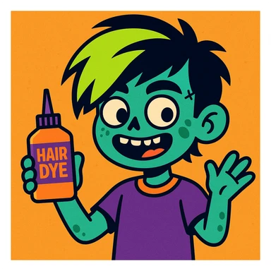 zombie boy with black and neon green emo hair, holding hair dye, playful, cartoonish sticker