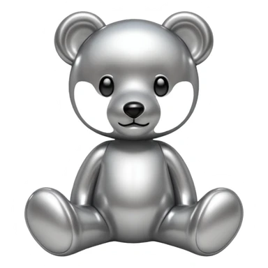 A cute teddy bear emoji made of liquid silver chrome, smooth rounded body, glossy metallic surface, soft reflections, friendly proportions, iOS emoji style, centered, clean white background sticker