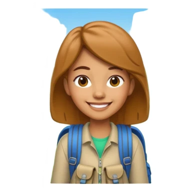 A 3D cartoon woman with a backpack smiling outdoors, surrounded by greenery, Memoji-style realism. sticker