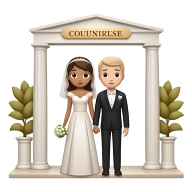 A 3D cartoon courthouse wedding venue with a bride and groom standing at the entrance, elegant white columns, soft natural lighting, simple modern decor, minimal background, realistic Memoji-style rendering. sticker