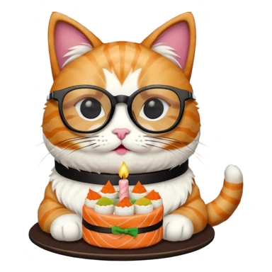 cat with cool square glasses eating a birthday cake made out of sushi sticker