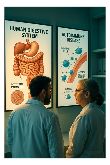 In italiano Realistic, detailed photo taken from behind of two doctors—a bearded man and a middle-aged woman—standing side by side in a modern medical office, intently studying a large, illuminated medical chart on the wall. The chart displays a detailed diagram of the human digestive system, highlighting the intestines and showing microscopic images of intestinal parasites. Next to it, another chart illustrates the immune system attacking healthy tissues, visually connecting gut parasites to autoimmune disease mechanisms. The room is bathed in a single green-blue color, with a warm, yellow-orange light casting soft shadows around the doctors. Both wear white coats and have serious, focused expressions, suggesting a deep discussion about the root causes of autoimmune conditions. Shot with a Canon EOS R5, with high detail, natural depth of field, and a clinical yet dramatic atmosphere. sticker