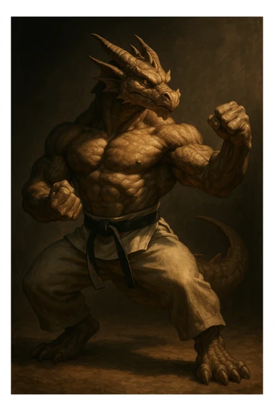 a muscular dragon in a karate stance, dramatic lighting, semi-realistic style sticker