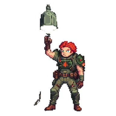 a SNES box art image of a man in military gear disarming a IED inside of a toolshed, dramatic single overhead lamp, he has red hair and a face like retro doomguy sticker