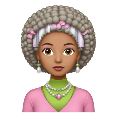 Brown woman with short gray Afro  wearing pink and green outfit and pearl necklace  sticker