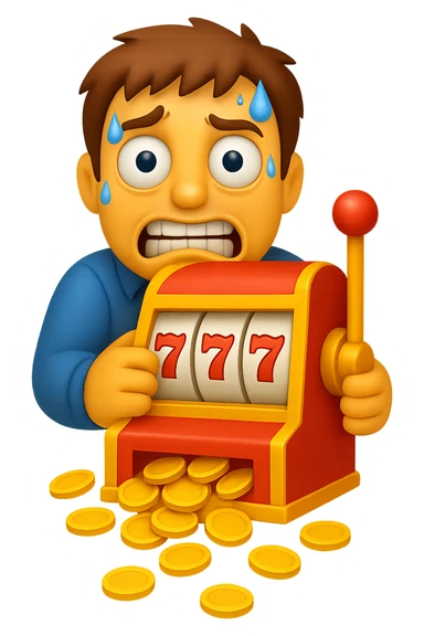Make the man look even more desperate with wild eyes, frantic expression, sweating, clutching the slot machine, coins spilling out. Style: apple emoji style. sticker