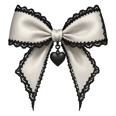 Edit the image to depict a white gothic bow with black lace trim and a heart charm, in a general style. Remove the background. sticker