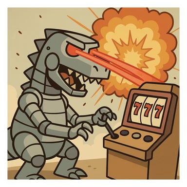 robot dinosaur shooting lasers from its eyes while playing a slot machine, with a big explosion in the background, cartoon style sticker