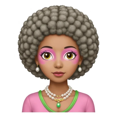 Brown woman with short gray Afro  wearing pink and green outfit and pearl necklace  sticker