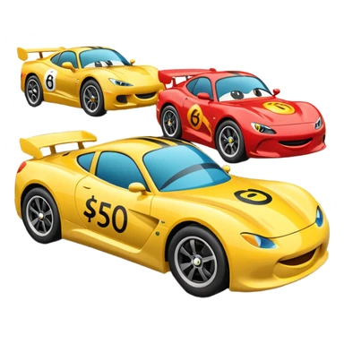 Two emoji-style cars racing toward a finish line labeled “$20K”, one labeled “$500/mo” and the other “$1000/mo”, energetic motion and speed lines sticker