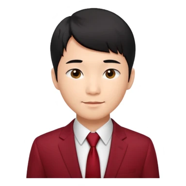 handsome Asian man emoji, short black hair with soft fringe, clean and elegant look, fair skin, gentle smile, wearing dark red suit and white shirt sticker