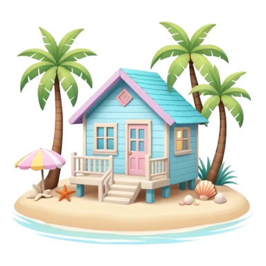 cute beach house, small seaside house, wooden walls, pastel colors, palm trees, seashells, warm sunlight, 3D cartoon, mobile game icon style, soft shadows, clean background, no text, no watermark
 sticker