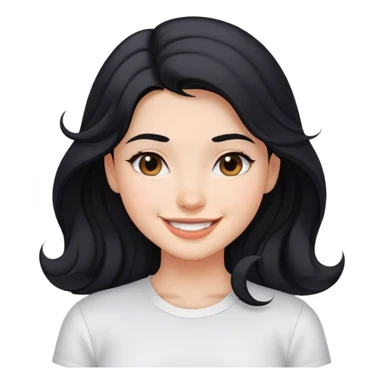 girl with her black hair below her shoulders and soft waves in her hair, smile, white shirt sticker