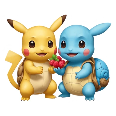 Pikachu has a light to share, but Squirtle has none. Pikachu sees this is unfair, so he shares the berries with Squirtle. They smile and eat together. Show this as a cute Pokémon emoji scene about justice and fairness.

 sticker