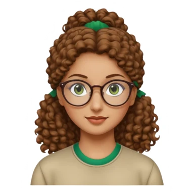 iranian woman, tight curly light brown hair in pony tail, glasses, green eyes, pretty, oval shape face sticker