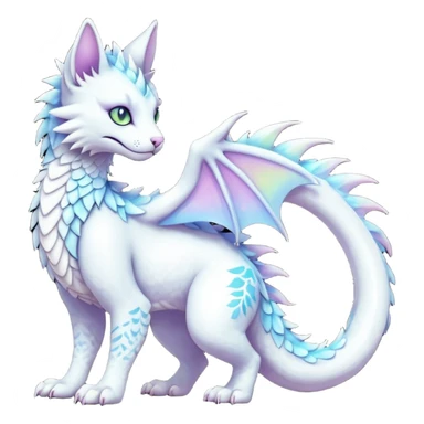 Kawaii white pastel iridescent beautiful pretty elegant divine edgy fantasy feline-vernid-sergal-Haku-dragon-fursona animal creature with a tufted tail full body with intricate markings  sticker