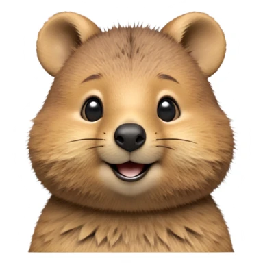 cinematic-realistic quokka-emoji,-small-round-frame, head tilted in an endearing manner, comical smile, round cheeks, giant-fluffy-cheeks-large-smile-fluffy-brown-fur-radiating-a-warm-softness,-big-round-eyes-filled-with-joy, realisticround  fluffy zoomed in, large black eyes sticker