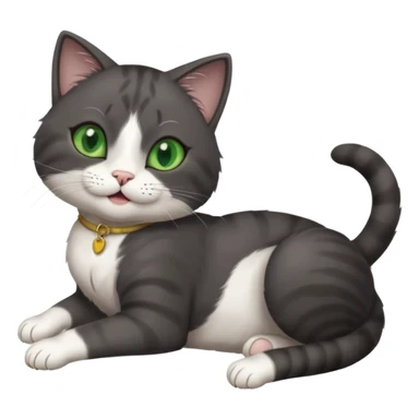 beautiful female solid dark grey cat with green eyes, white toes/paws and white patch on her chest playfully rolling upside down sticker