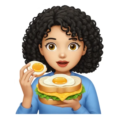 Girl with black curly hair eating egg sandwich sticker