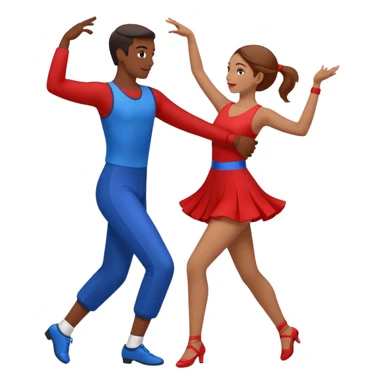 two people dancing together, one wearing red and one wearing blue sticker
