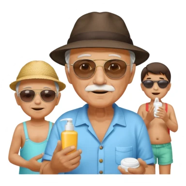Old man on island with lotion and kids sticker
