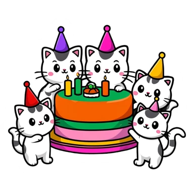 six happy cats wearing colorful party hats celebrating a birthday party around a festive cake made entirely of sushi with candles sticker