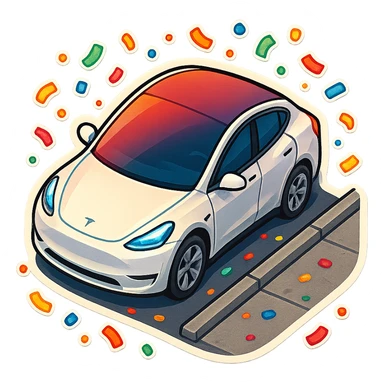 A Tesla Model Y parallel parking at a curb, from above, with confetti sticker
