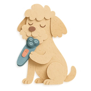 soft pastel electric shaver dog brushing its fuzzy face, creamy beige tones, full-body sticker