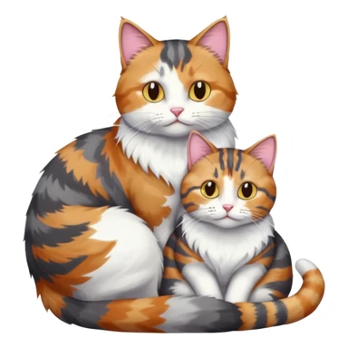 full body colourful light patched calico + white tabby cat cuddling a bigger cat that is dark grey and white tabby cat  and they are in love sticker