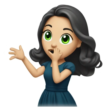 a brunette with long hair and green eyes and in a dark blue dress sends an air kiss sticker