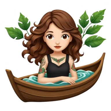 cute woman long wavy brown hair tattoos floating on leaf boat sticker