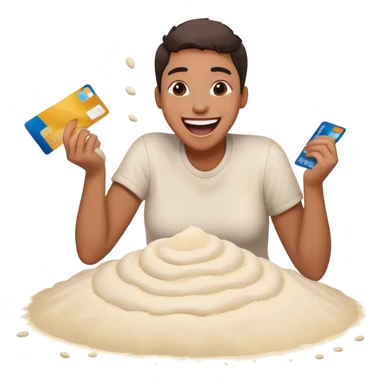hysterically happy emoji with credit card in hand and a pile of flour sticker