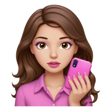 girl with long wavy brown hair, brown eyes, light to medium complexion, in a pink shirt, pink lips, long lashes, puckered lips, showing off a pink manicure sticker