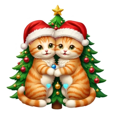 two hugging cream happy fluffy cute smiling kittens with Santa hats by a colorful multicolored brightly lit up Christmas tree sticker
