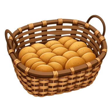 top-down view of a nearly empty wicker bread basket with a few crumbs inside, symbolizing depleted carbohydrates, bold lines, flat colors with gentle gradients, emoji style sticker