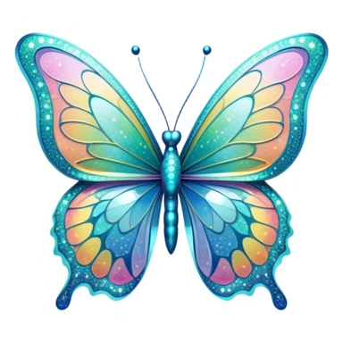 Pastel sparkly cyan glittery iridescent rainbow transparent butterfly with detailed intricate patterns sticker