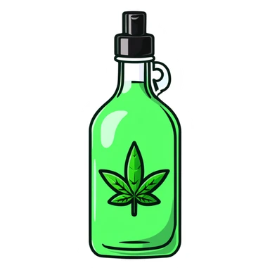 Curved red glass bottle like Coca-Cola with a green cannabis leaf printed on it and a label sticker