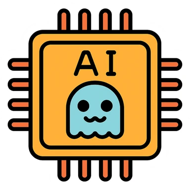 color outline icon of an AI chip with a friendly face, cool and a bit spooky sticker
