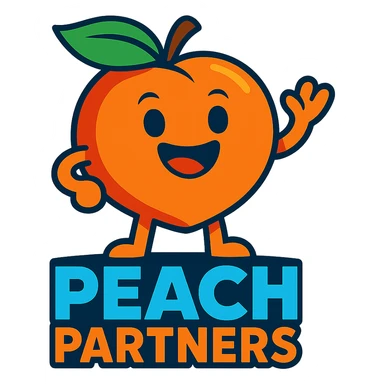 friendly peach mascot for 'Peach Partners' logo, vibrant toon style, vibrant colors, cheerful expression sticker