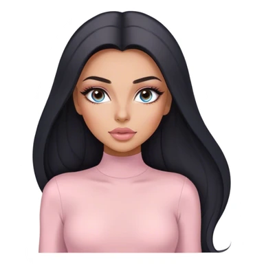Glamours, tanned, very beautiful girl, with big pump peach-beige-rose lips, long long lashes, black straight smooth silky long hair, straight parting hair, blue-grey eyes in light pink long-sleeves bodysuit sticker