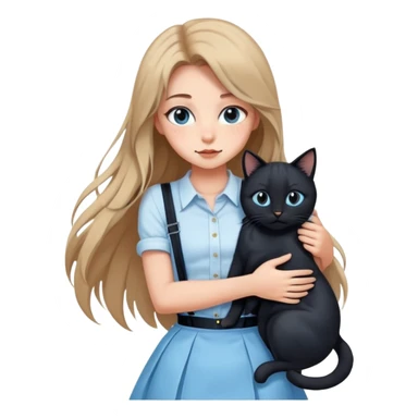 A sexy girl with long hair wearing a light blue suspender skirt hugs a black cat tightly sticker