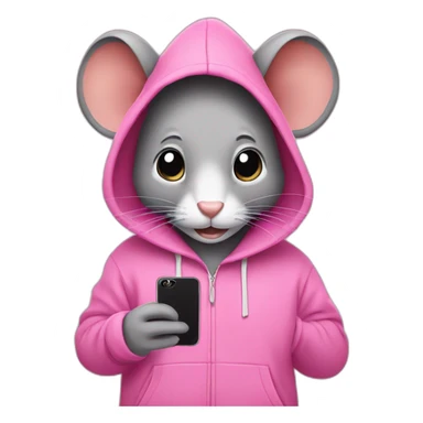 grey mouse wearing a pink hoodie with Iphone sticker
